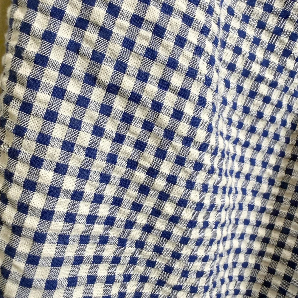 Old Navy M Tiered Blue Gingham Seersucker Long Sleeve Top Puff Sleeve Wide Neck